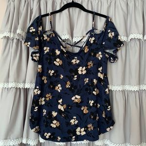 Navy blue, black, tan floral off shoulder top